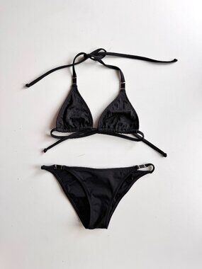 MAIA Black Diamond Embroidered Triangle Halter Cheeky Bikini Set, Size M